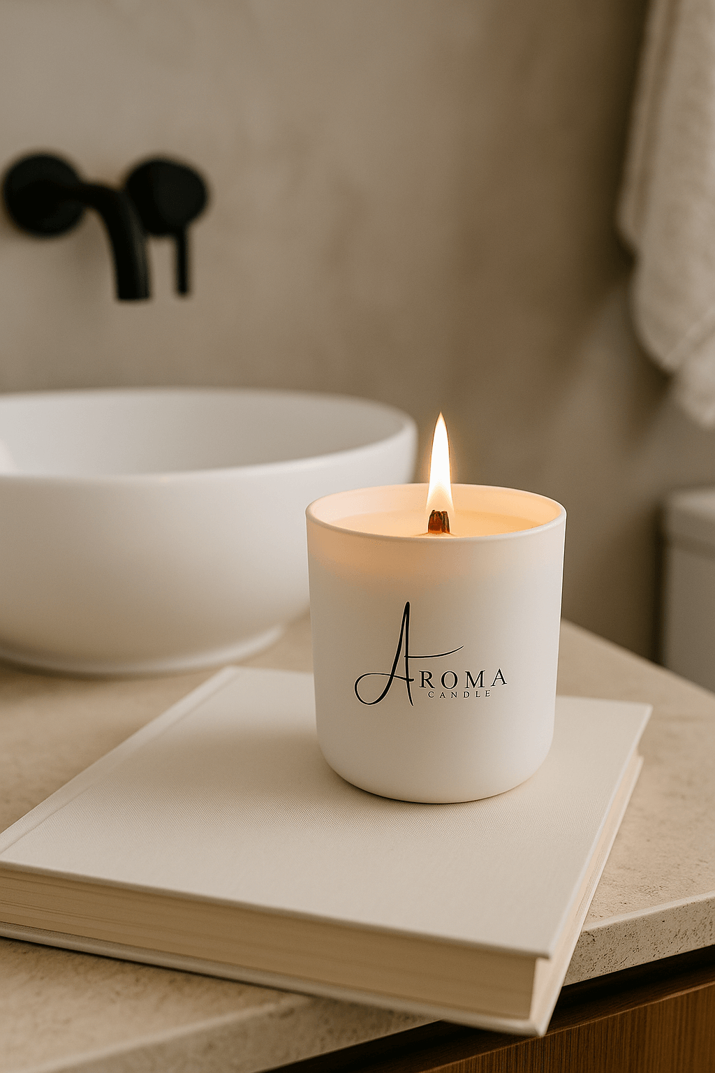 Candle labeled 'Aroma' on a book with a bathroom background