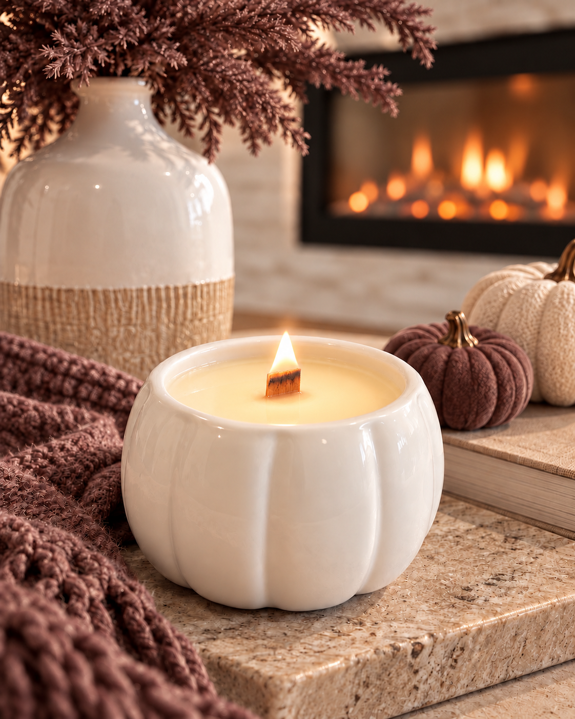 Lit white pumpkin ceramic soy candle with wooden wick in a cozy fall setting