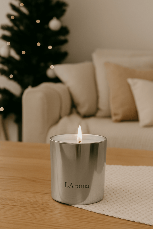 Silver candle labeled 'LAroma' on a wooden table with a blurred Christmas tree in the background.