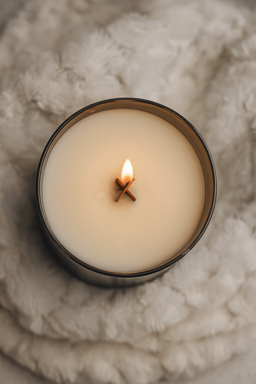 Candle in a glass container with a wooden wick, lit on a textured surface.