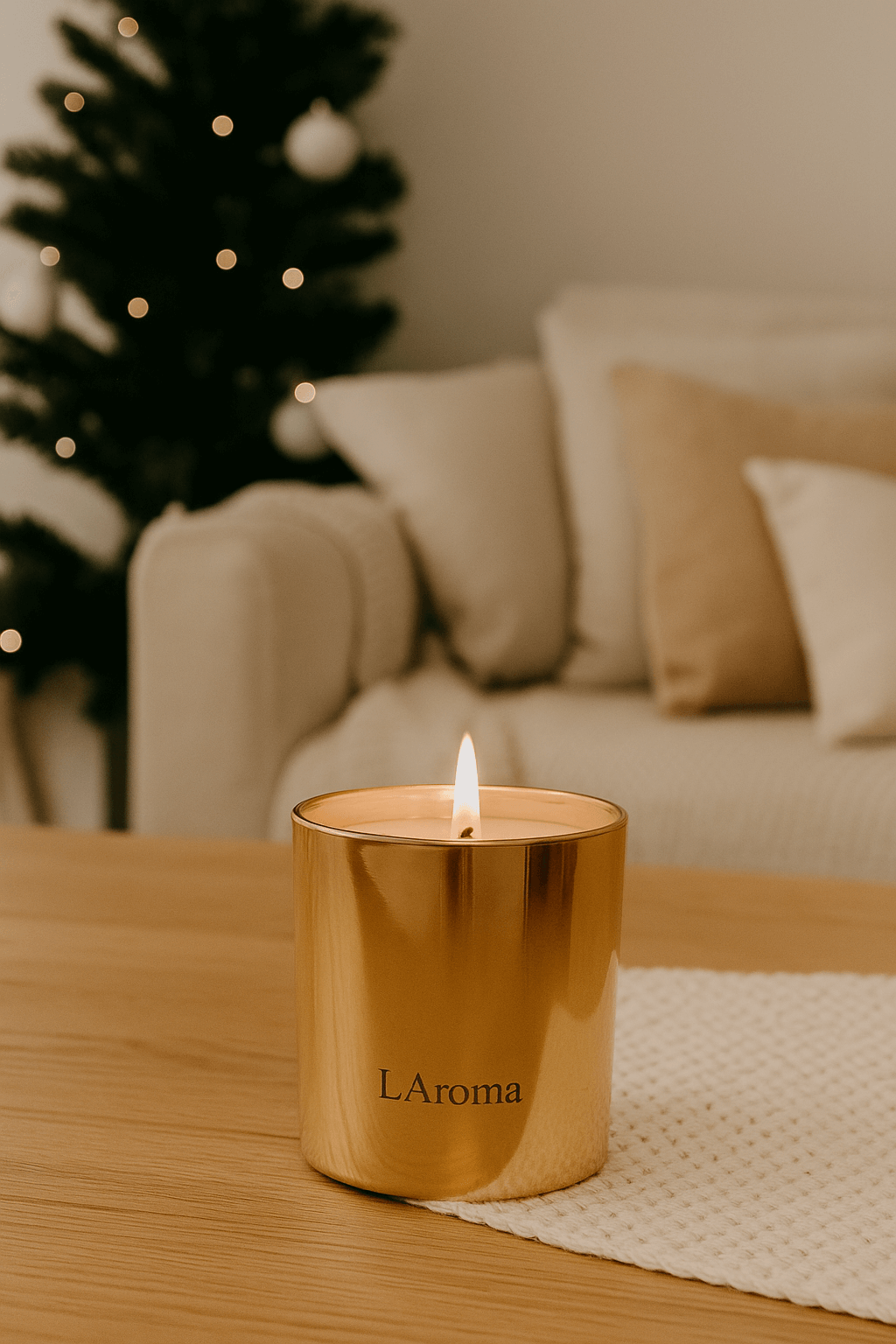 Gold candle labeled 'LáRoma' on a wooden table with a blurred Christmas tree and sofa in the background.
