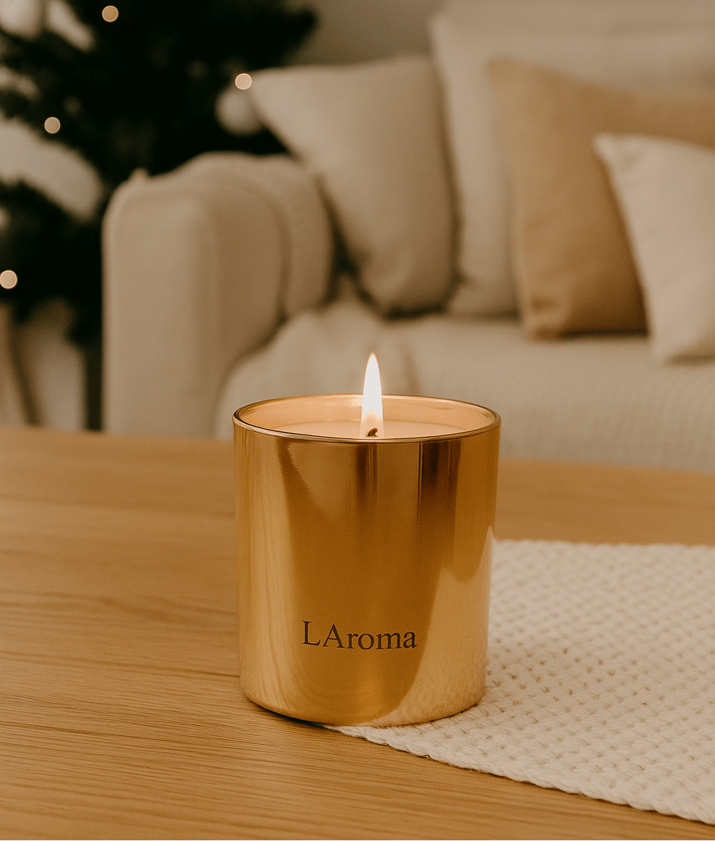 Gold candle labeled 'LáRoma' on a wooden table with a blurred Christmas tree and sofa in the background.
