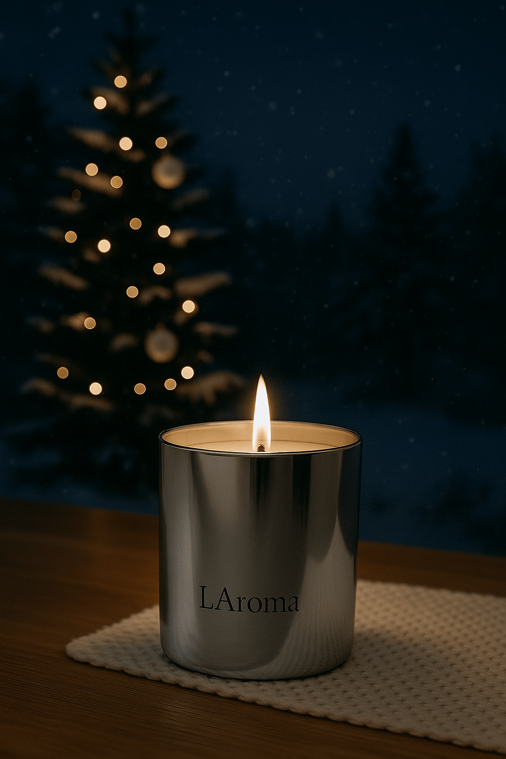 Silver candle labeled 'L'Aroma' with a Christmas tree in the background