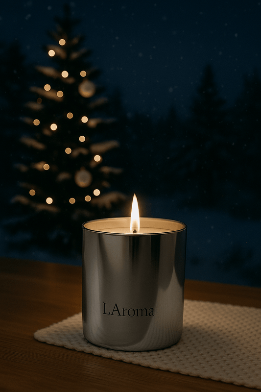 Silver candle labeled 'L'Aroma' with a Christmas tree in the background