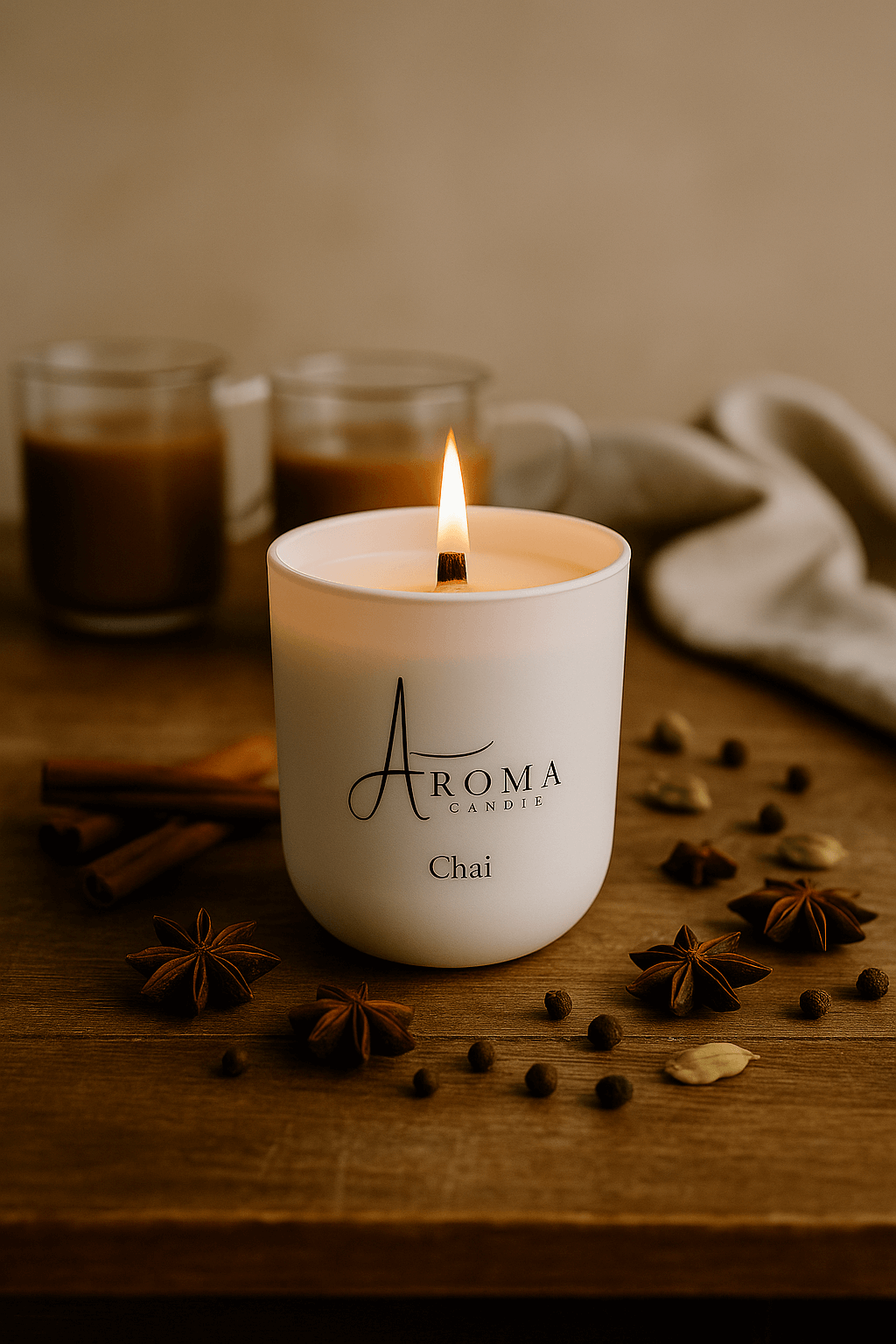 Aroma Chai candle on a wooden surface with spices and a blurred background