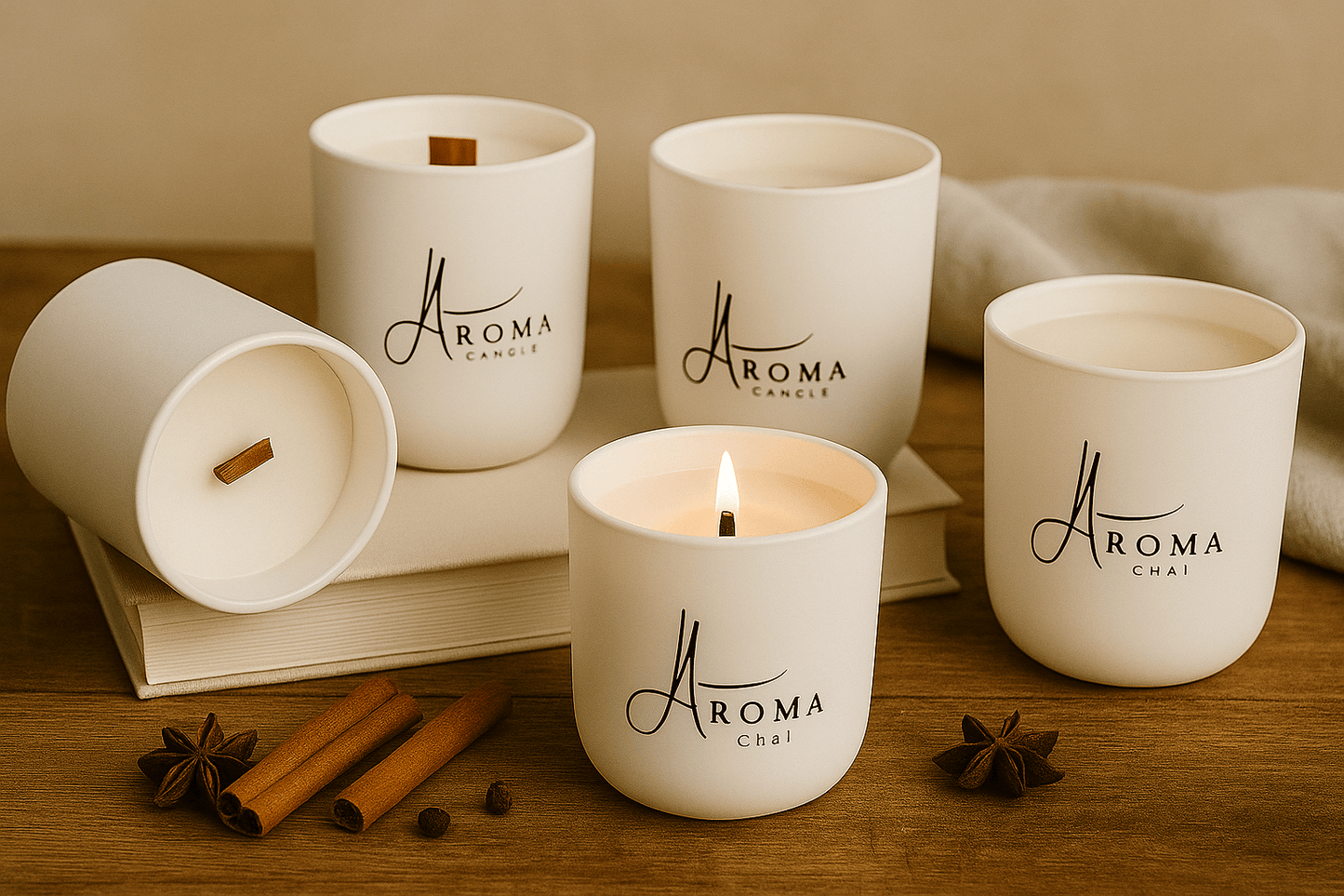 White candles with 'Aroma' branding on a wooden surface with Chai scent