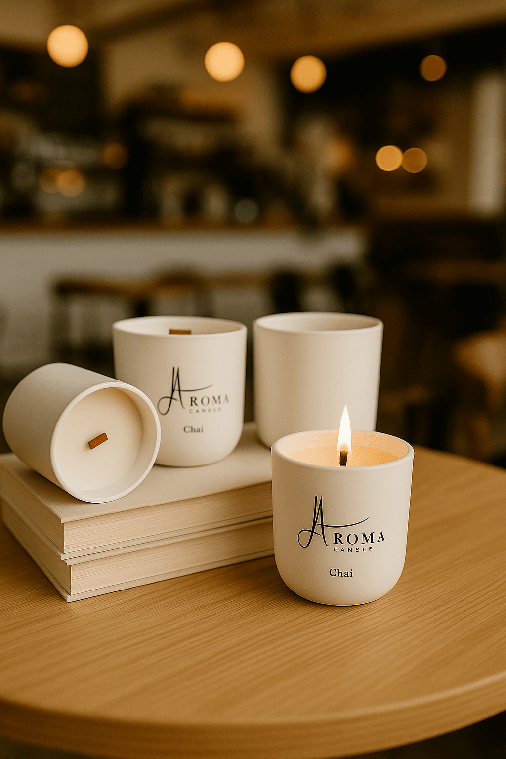 Aroma Chai candles on a wooden table with a blurred background