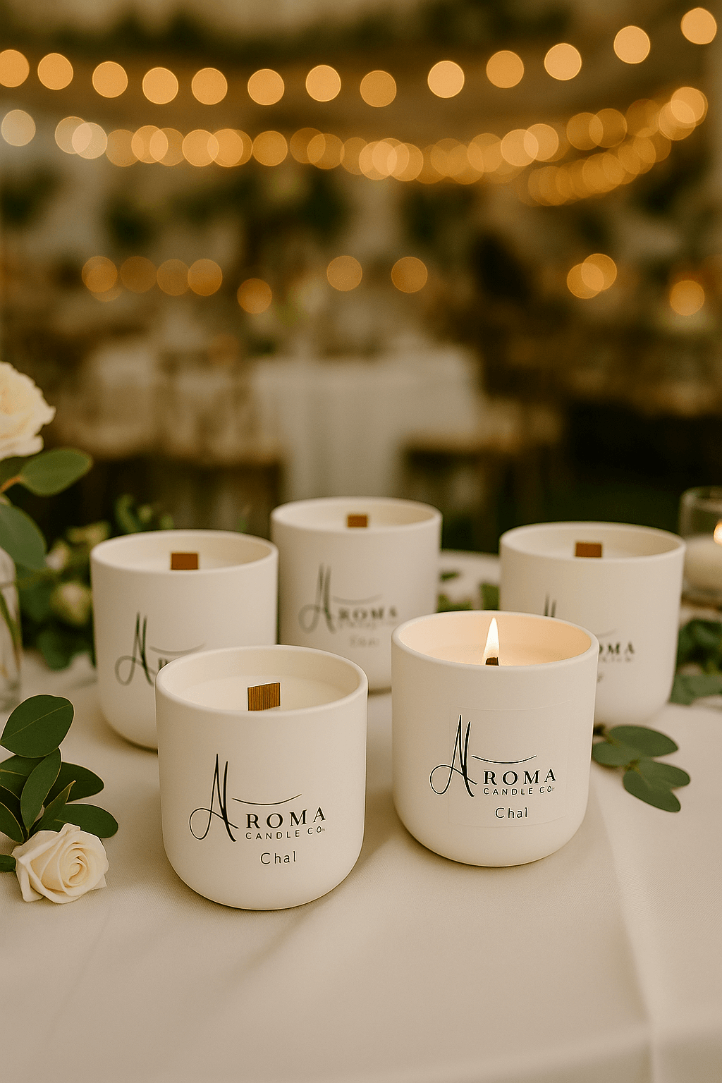 Aroma Chai candles on a table with a blurred festive background