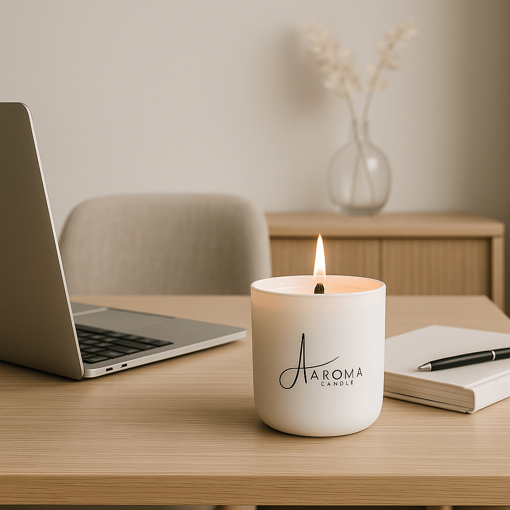 Chai candle on a desk with a laptop and notebook in a home office setting