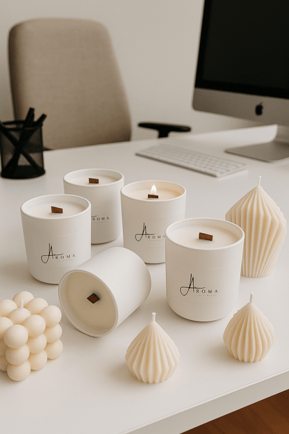 Collection of Aroma Chai candles on a desk with a computer setup in the background