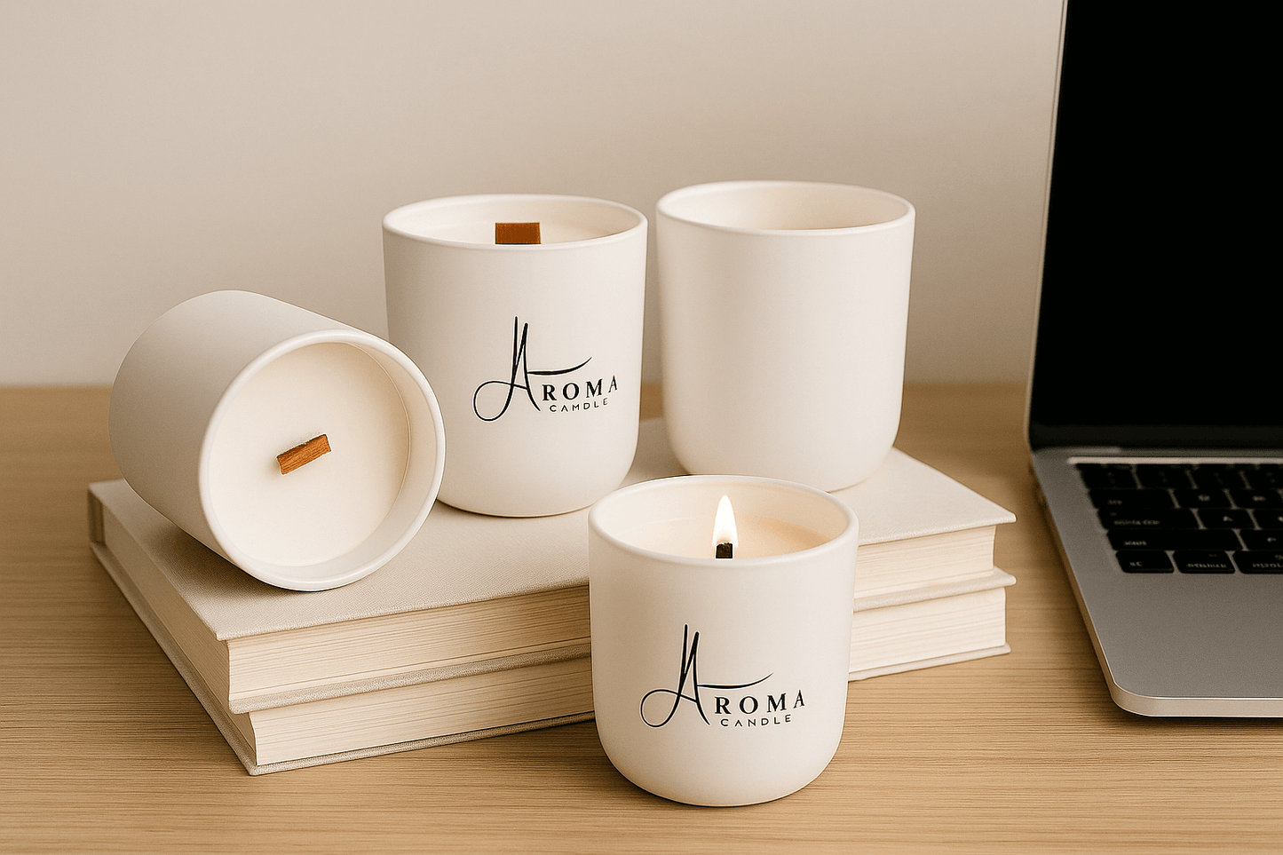 Aroma Chai candles on books with a laptop in the background