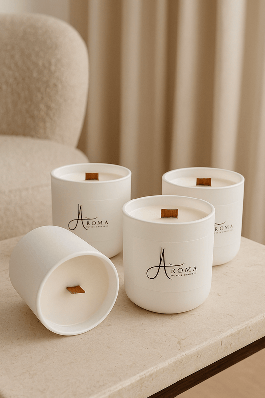 Four white candles with 'Aroma' branding on a beige surface.