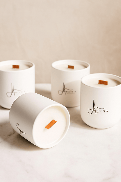 Four white candles with 'Aroma' branding on a light background