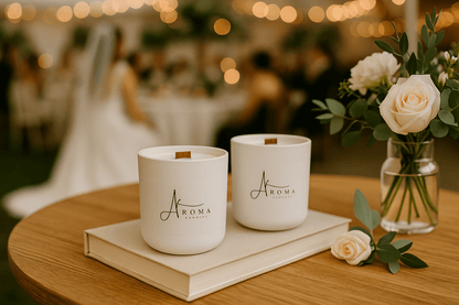 Two Aroma candles on a book with a vase of flowers on a wooden table, blurred background
