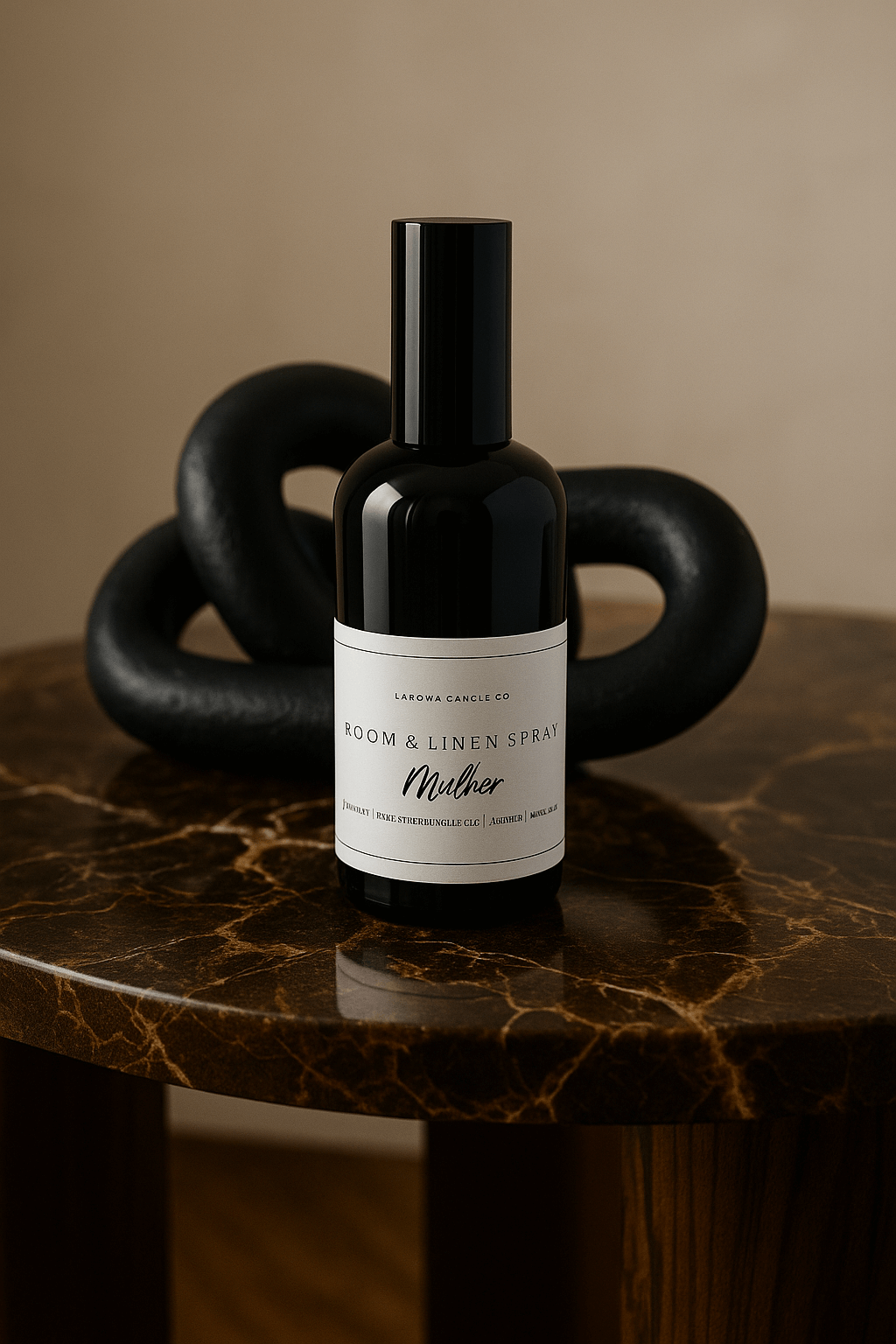 Black bottle of room spray with a label on a marble surface