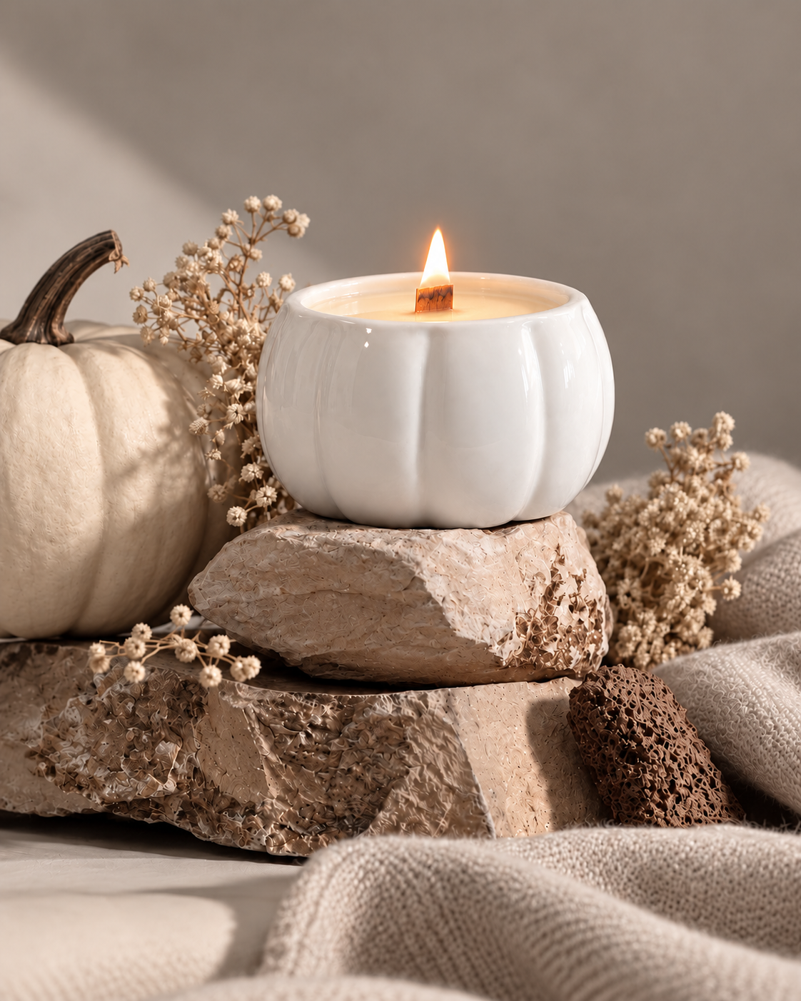 LaRoma white pumpkin soy candle with wooden wick, cream flowers and neutral fall styling